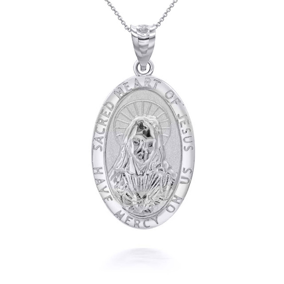 White Gold Oval Sacred Heart of Jesus Pendant Necklace