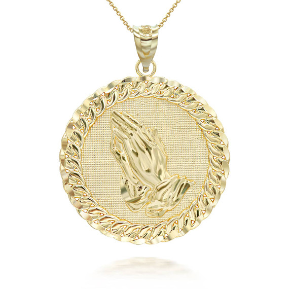 Yellow Gold Cuban Framed Praying Hands Pendant Necklace