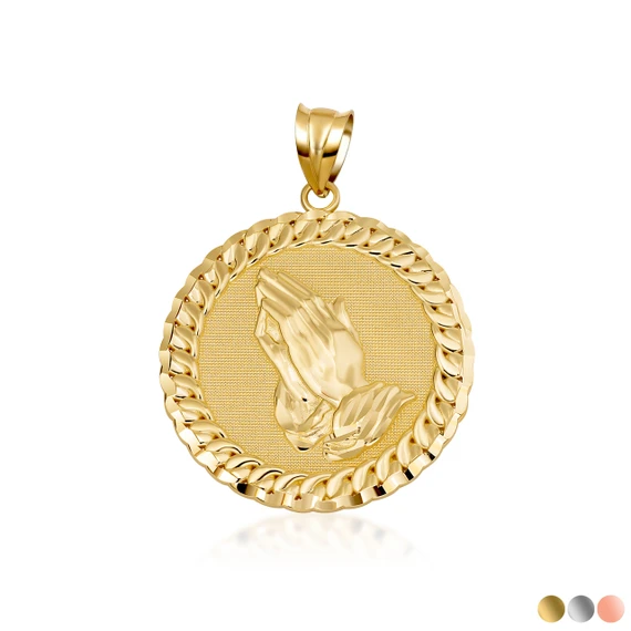 Gold Cuban Framed Praying Hands Medallion Circle Pendant Necklace (Available in Yellow/Rose/White Gold)