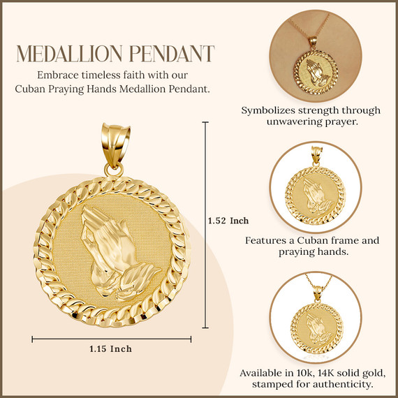 Gold Cuban Framed Praying Hands Medallion Circle Pendant Necklace (Available in Yellow/Rose/White Gold)