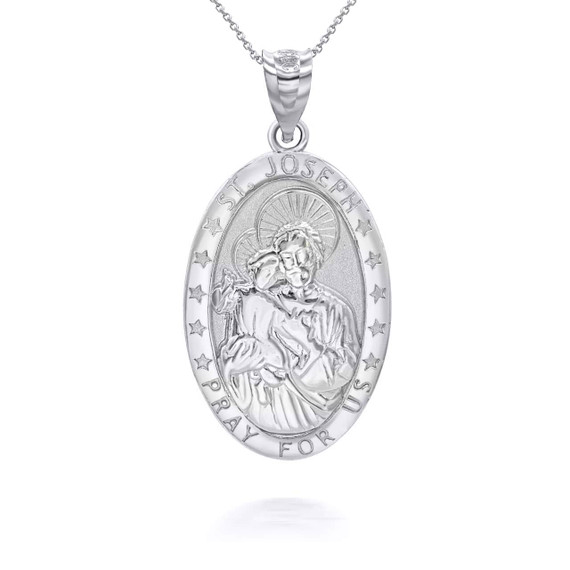 White Gold Oval Saint Joseph Pendant Necklace