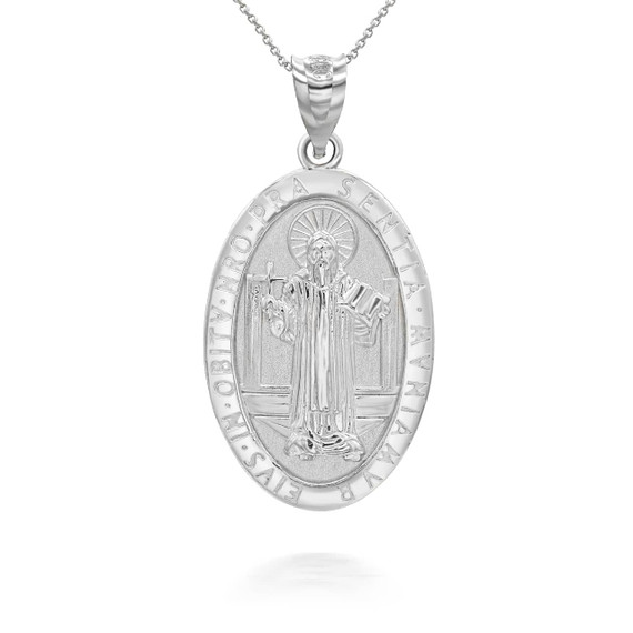 White Gold Oval Saint Benito Pendant Necklace