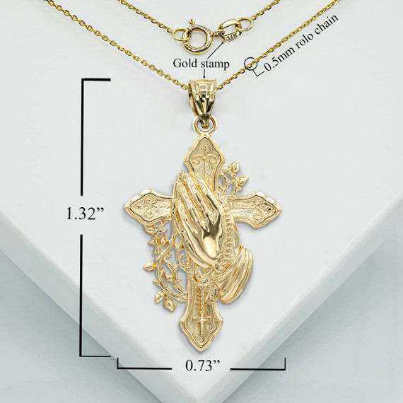 Gold Cross with Praying Hands Pendant Necklace With Measurements