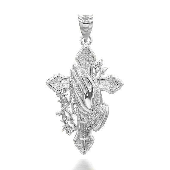 Silver Cross with Praying Hands Pendant