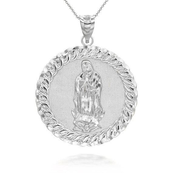 White Gold Cuban Framed Virgin Mary Pendant Necklace