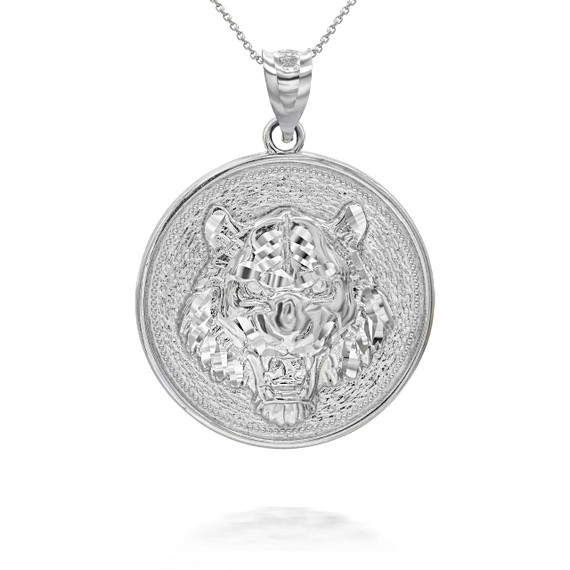 White Gold Roaring Tiger Medallion Pendant Necklace