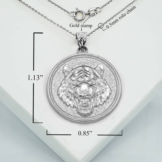 Silver Roaring Tiger Medallion Pendant Necklace With Measurements