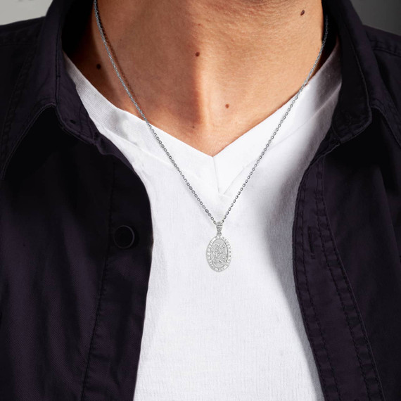 Silver Saint George and the Dragon Pendant Necklace On Model