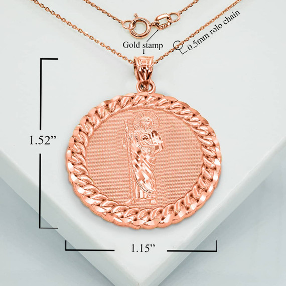 Rose Gold Cuban Framed Saint Jude Pendant Necklace With Measurement