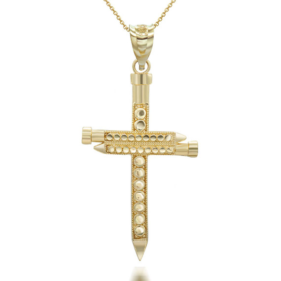 Yellow Gold Triple Nail Cross Pendant Necklace
