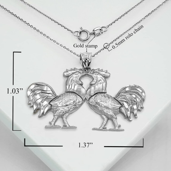 Silver Two Rooster Pendant Necklace With Measurements