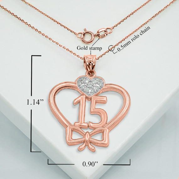 Rose Gold Diamond Quinceanera Pendant Necklace With Measurements