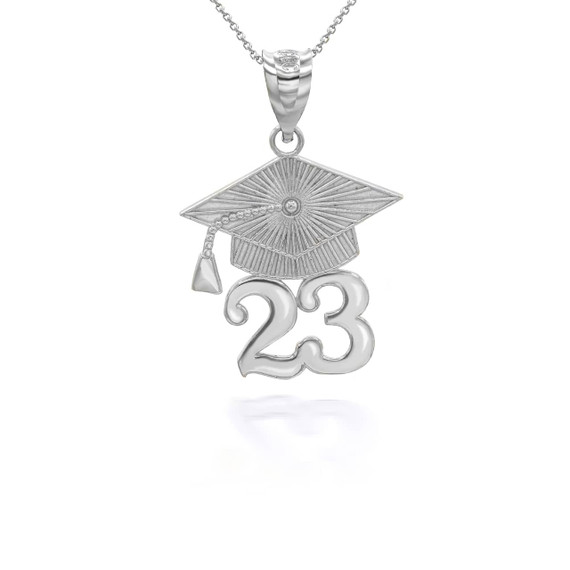White Gold 2023 Graduation Cap Pendant Necklace