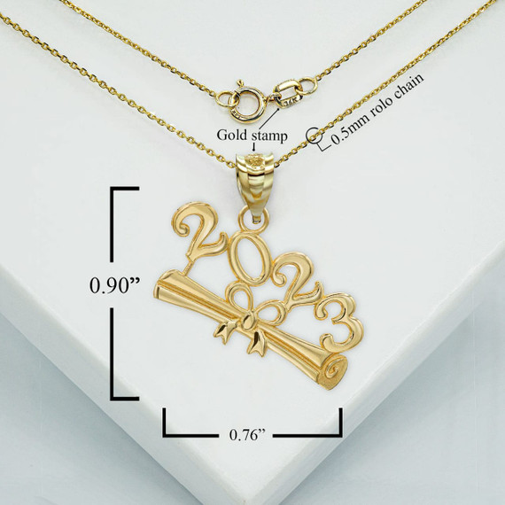 Gold 2023 Graduation Diploma Pendant Necklace With Measurements