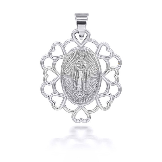 White Gold Our Lady Of Guadalupe With Hearts Pendant Necklace