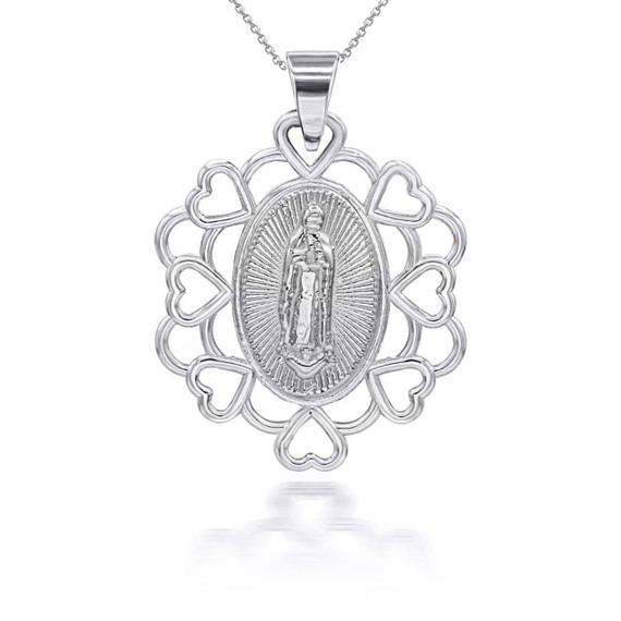 White Gold Our Lady Of Guadalupe With Hearts Pendant Necklace