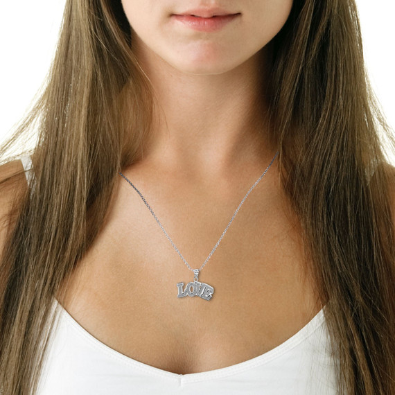 White Gold Love Pendant Necklace On Model