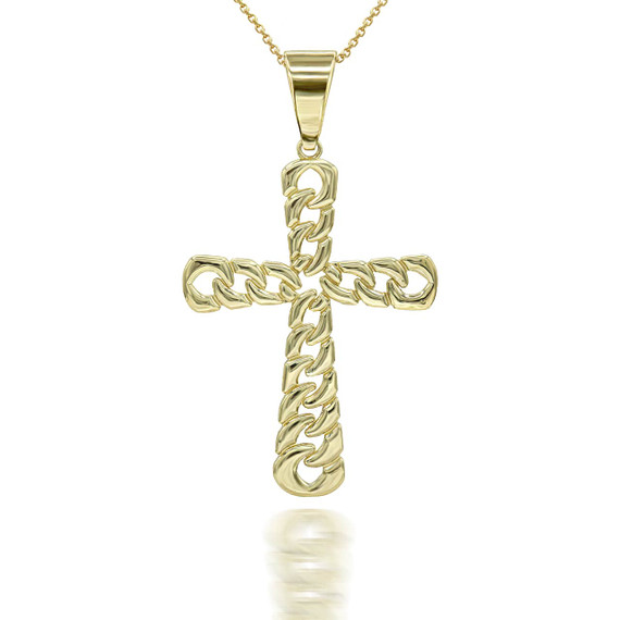 Gold Mini Cuban Link Cross Pendant Necklace 