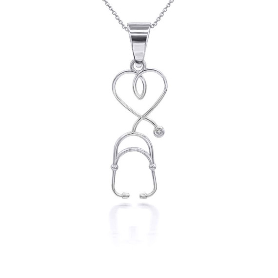 White Gold Heart Stethoscope Pendant Necklace