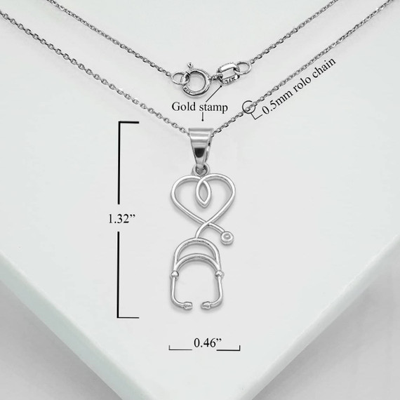 White Gold Heart Stethoscope Pendant Necklace With Measurements