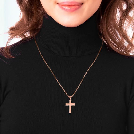 Rose Gold Mini Cross Pendant Necklace On Model