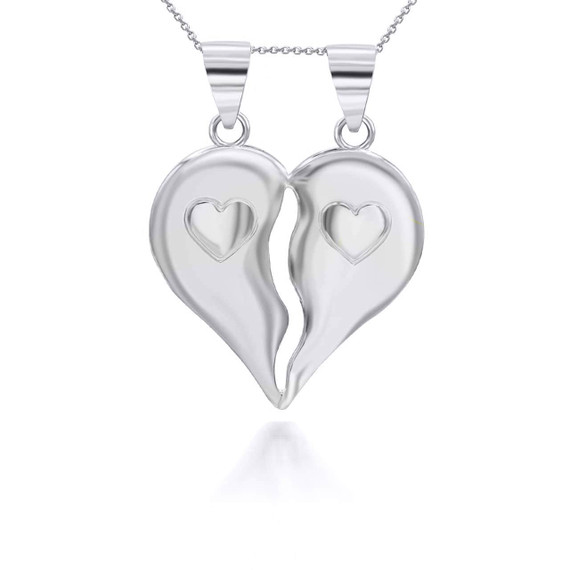 White Gold Separated Hearts With Heart Design Pendant Necklace