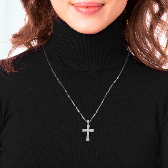 Silver Cross Crucifix Pendant Necklace On Model
