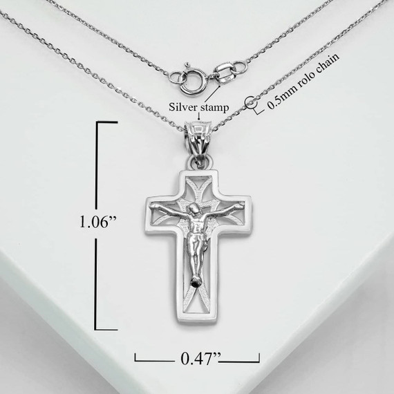 Silver Openwork Mini Crucifix Pendant Necklace With Measurements