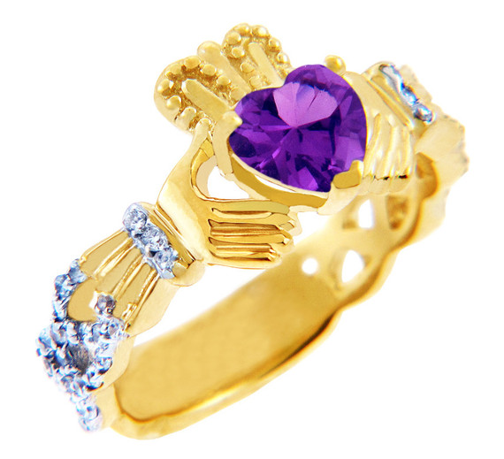 Gold Diamond Claddagh Ring 0.40 Carats with Gemstone