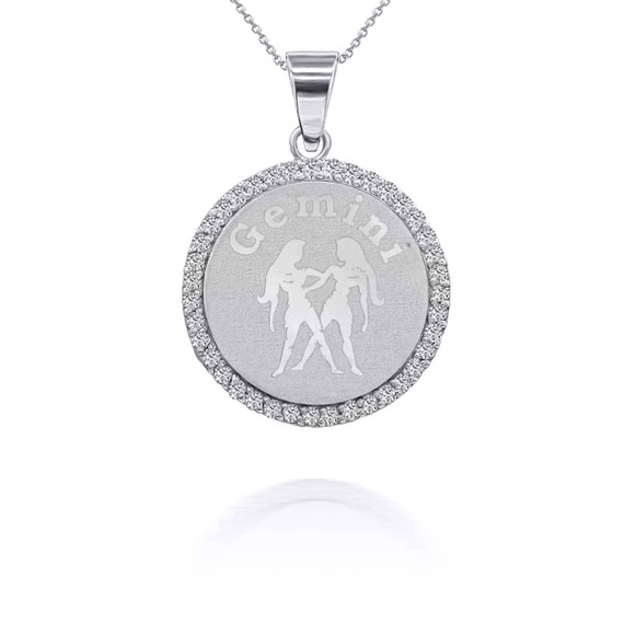 White Gold Gemini Zodiac Sign With Diamonds Pendant Necklace