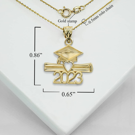 Gold 2023 Graduation Cap and Diploma Pendant Necklace With Measurements