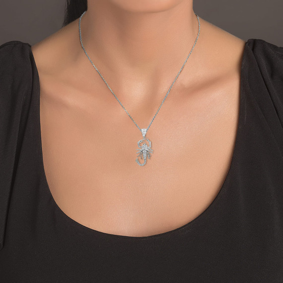 White Gold Scorpion with CZ Pendant Necklace on a Female model