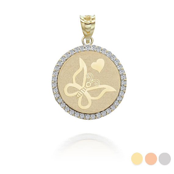 Gold Butterfly Heart with Diamonds Coin Medallion Pendant