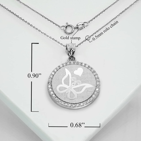 White Gold Butterfly Heart with Diamonds Coin Medallion Pendant Necklace With Measurements