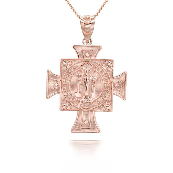 Rose Gold Reversible San Benito Patron Saint of Education Cross Pendant Necklace