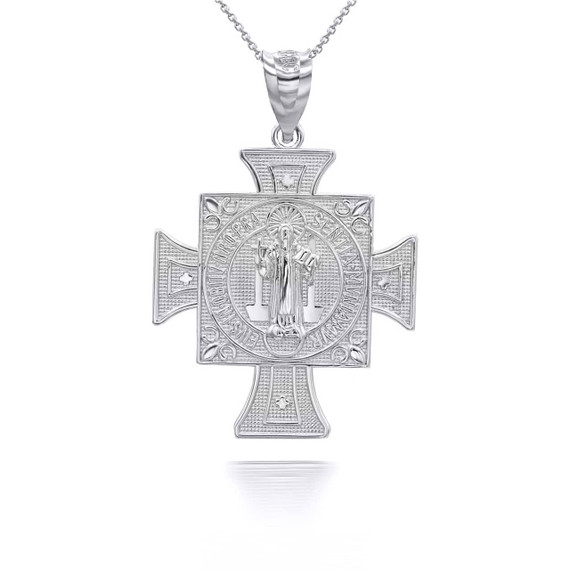 White Gold Reversible San Benito Patron Saint of Education Cross Pendant Necklace