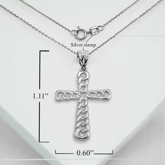 Silver Cuban Link Cross Pendant Necklace With Measurements
