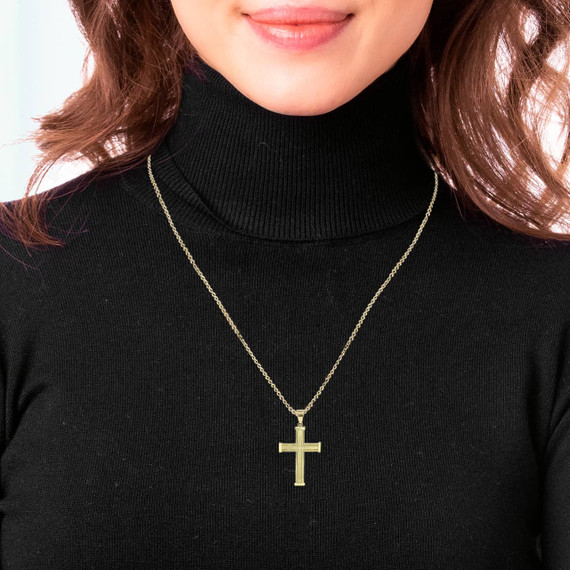 Gold Cross Pendant Necklace On Model