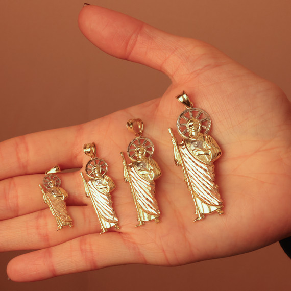 Tri-Color Gold Diamond Cut Patron Saint Jude Milgrain Pendant Necklace (Available in Mini/Small/Medium/Large & Yellow/Rose/White Gold)