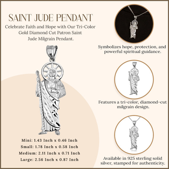 .925 Sterling Silver Diamond Cut Patron Saint Jude Milgrain Pendant Necklace (Available in Mini/Small/Medium/Large)