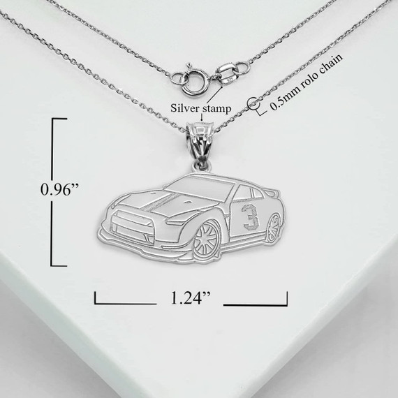 Silver Personalized Race Car Reversible Pendant Necklace With Measurements 