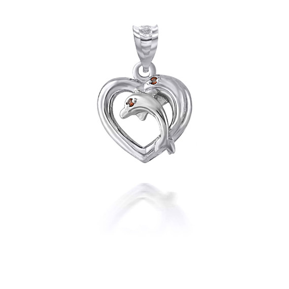 White Gold Heart Dolphins Pendant 