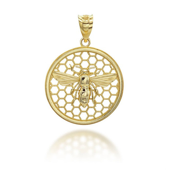 Gold Beaded Queen Bee Hive Honey Comb Pendant Necklace (Available in Yellow/Rose/White)