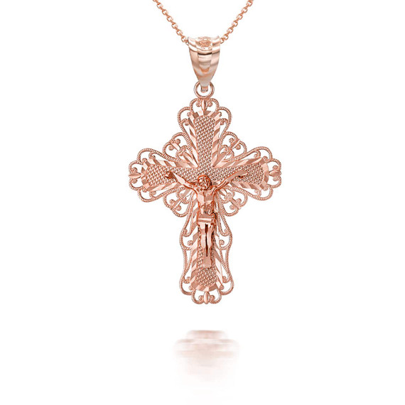 Rose Gold Filigree Jesus Crucifix Cross Pendant Necklace