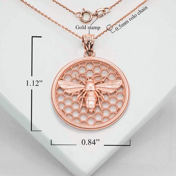 Rose Gold Beaded Queen Bee Hive Honey Comb Pendant Necklace With Measurements