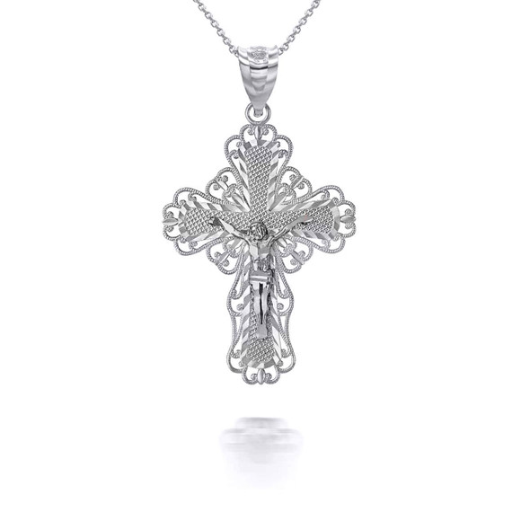 Silver Filigree Jesus Crucifix Cross Pendant Necklace