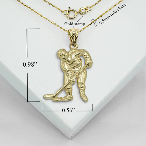 Gold Ice Hockey Player Charm Pendant Necklace With Measurements