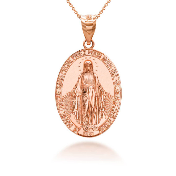 Rose Gold Virgin Saint Mary Prayer Oval Coin Medallion Pendant Necklace