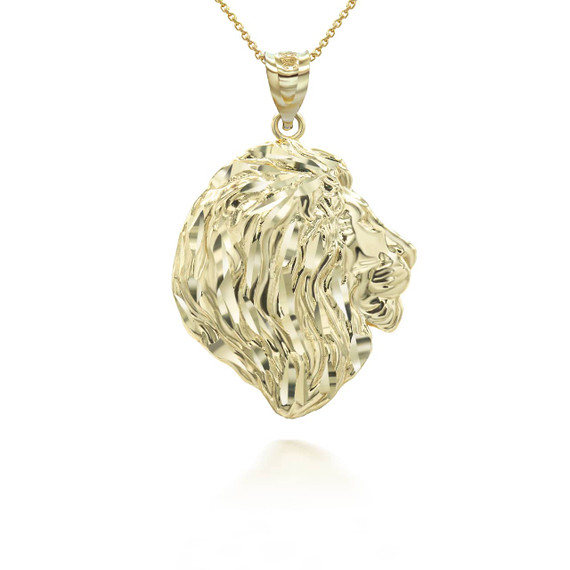 Gold Diamond Cut Lion Head Pendant Necklace