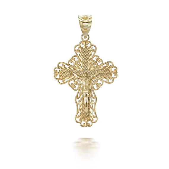 Yellow Gold Filigree Jesus Crucifix Cross Pendant